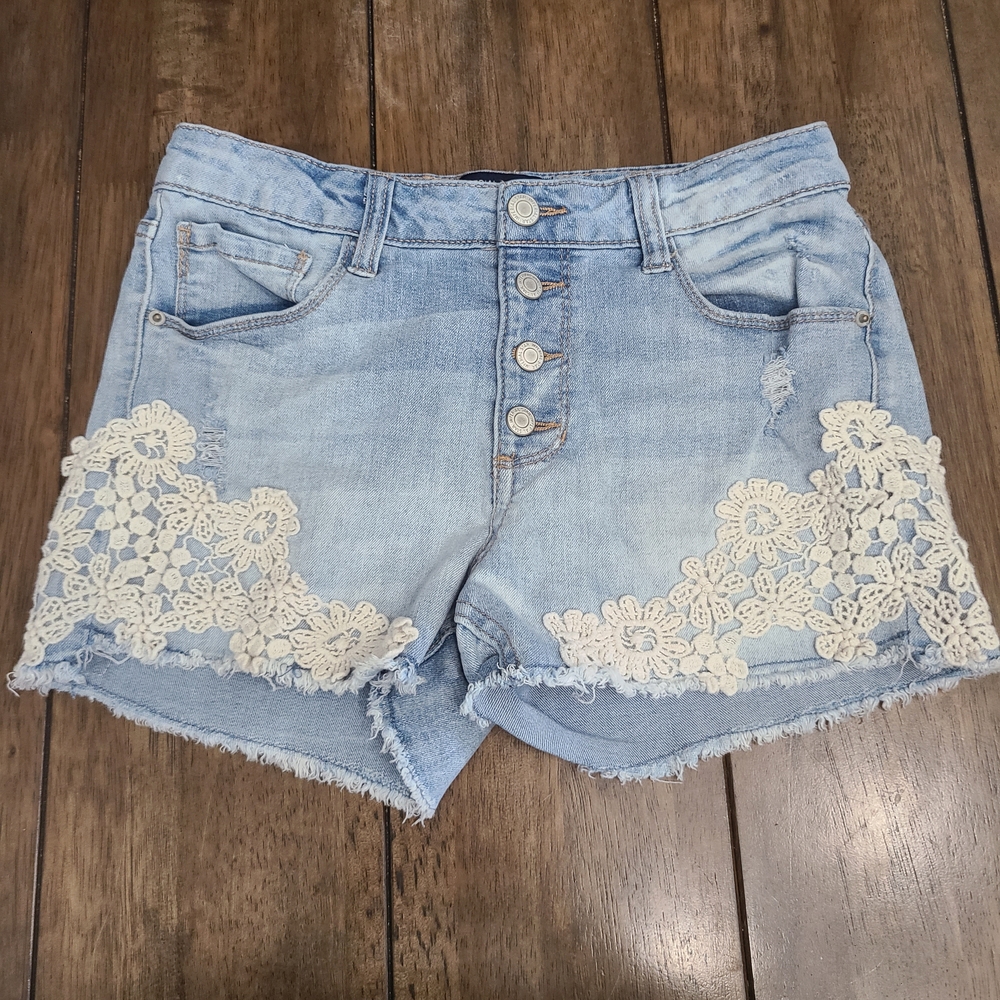 Imperial Star Girls Denim Shorts LACE snap closure size 14 stretch.